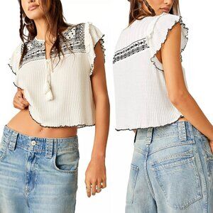 Free People Sarafina Embroidered Ivory Black Combo Crop Top Ruffle